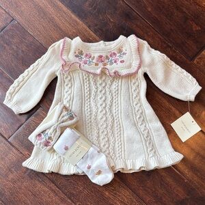 Crown & Ivy Cream Knit Baby Dress with Floral Details